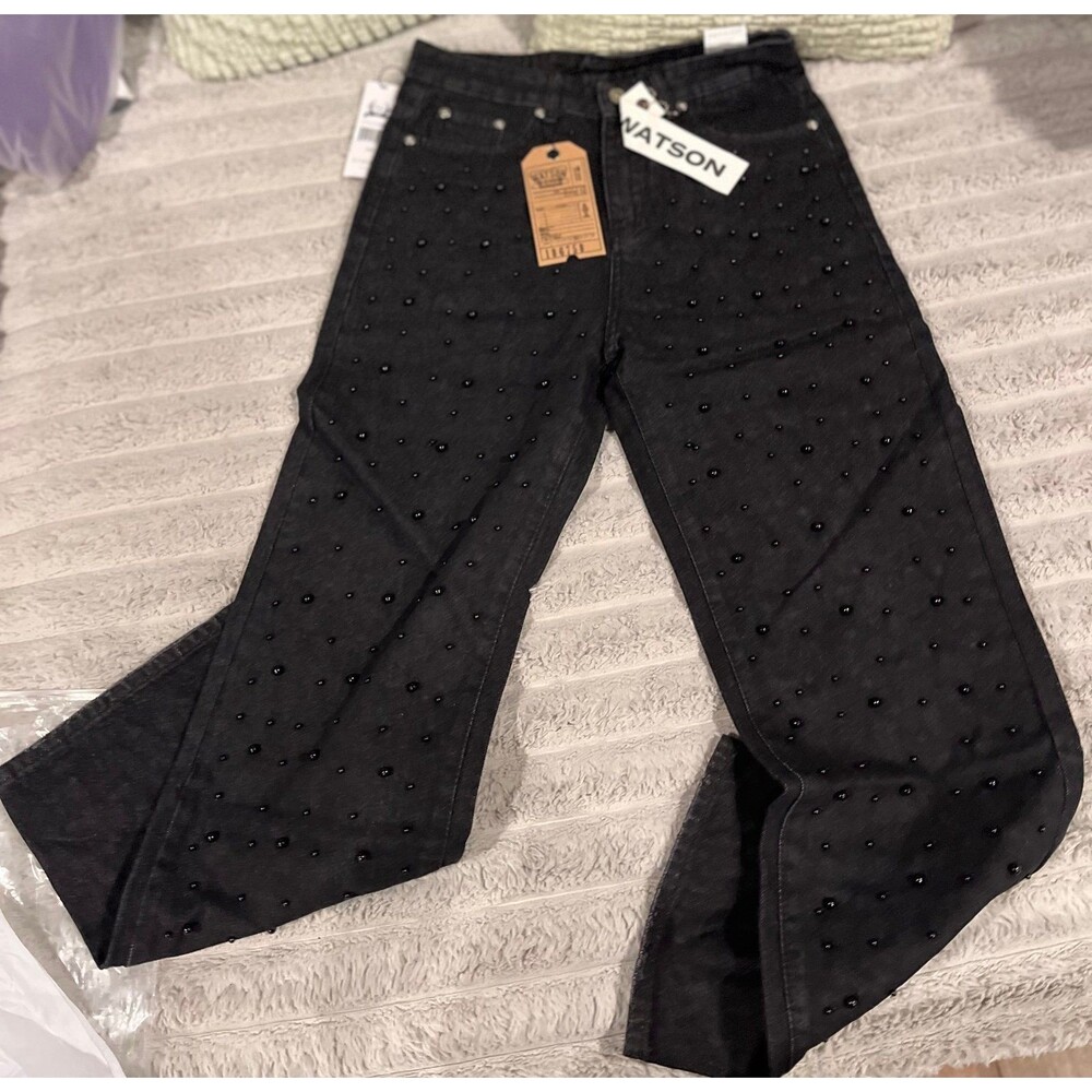 Watson Denim Black Rhinestone Wide Leg Jeans Size 30 NWT